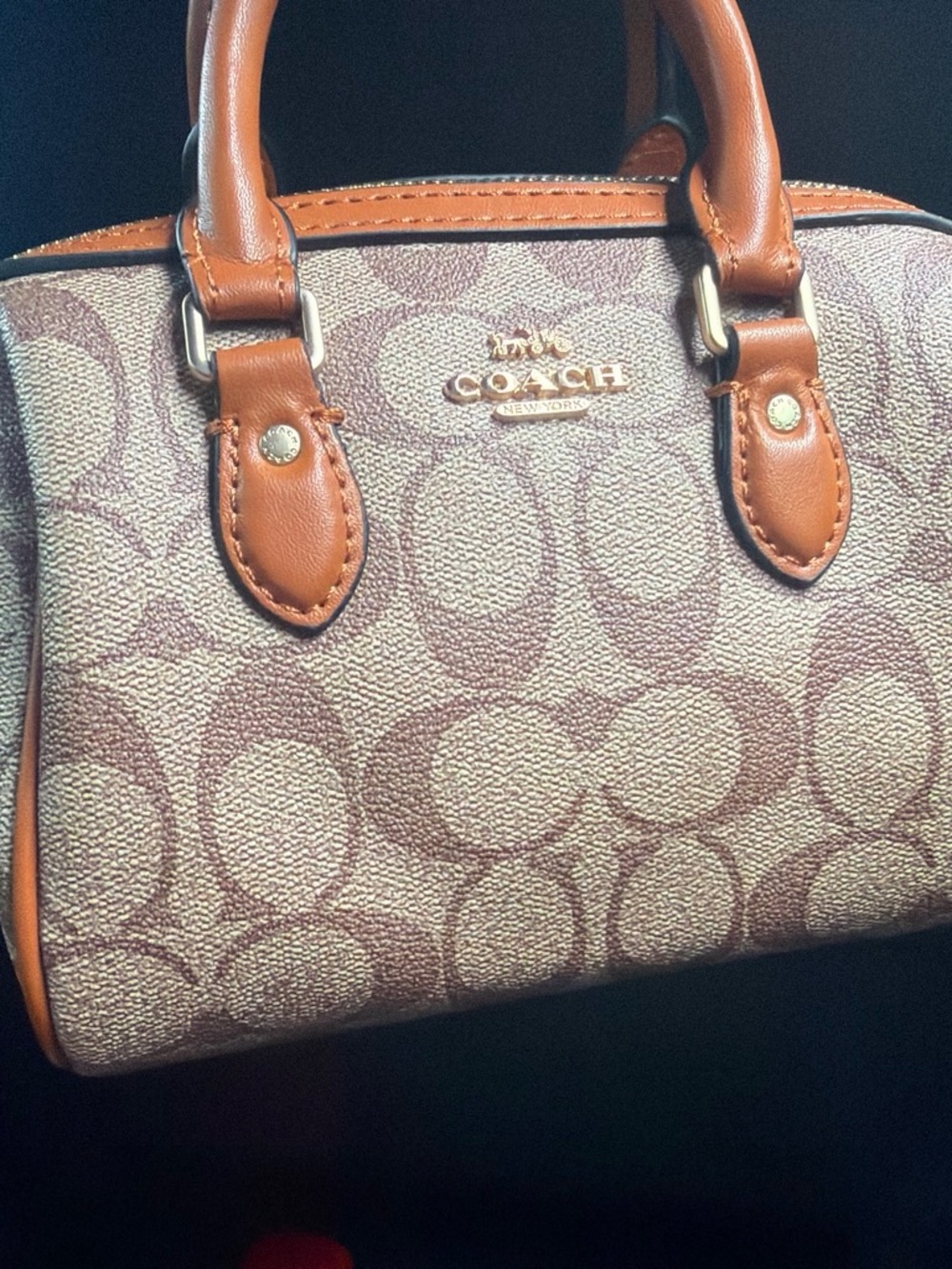 COACH Brown Signature Mini Satchel with Tan Leather Trim